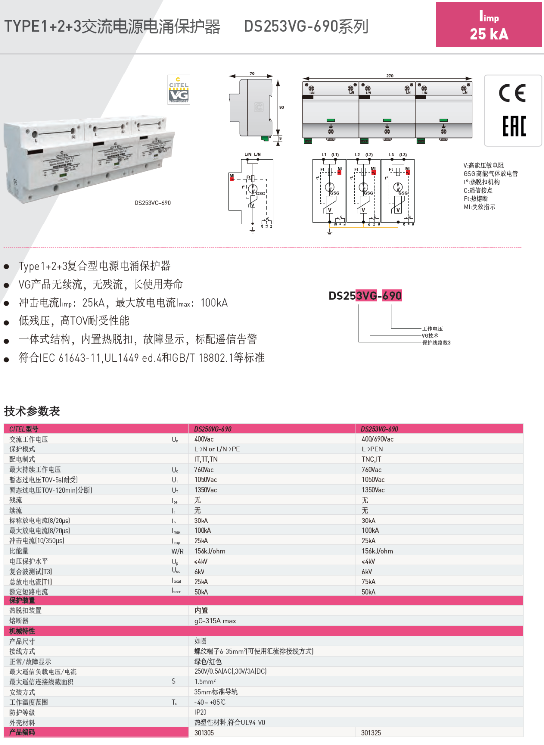 DS253VG-690 CITEL西岱爾電涌保護(hù)器：高效能電源