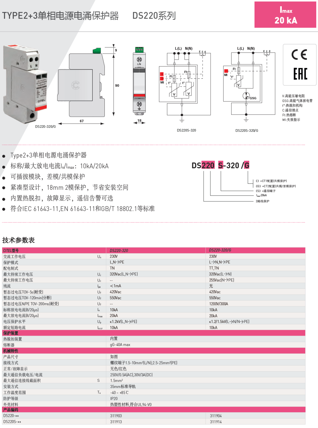 DS220-320/G CITEL西岱爾單相電源電涌保護(hù)器：緊