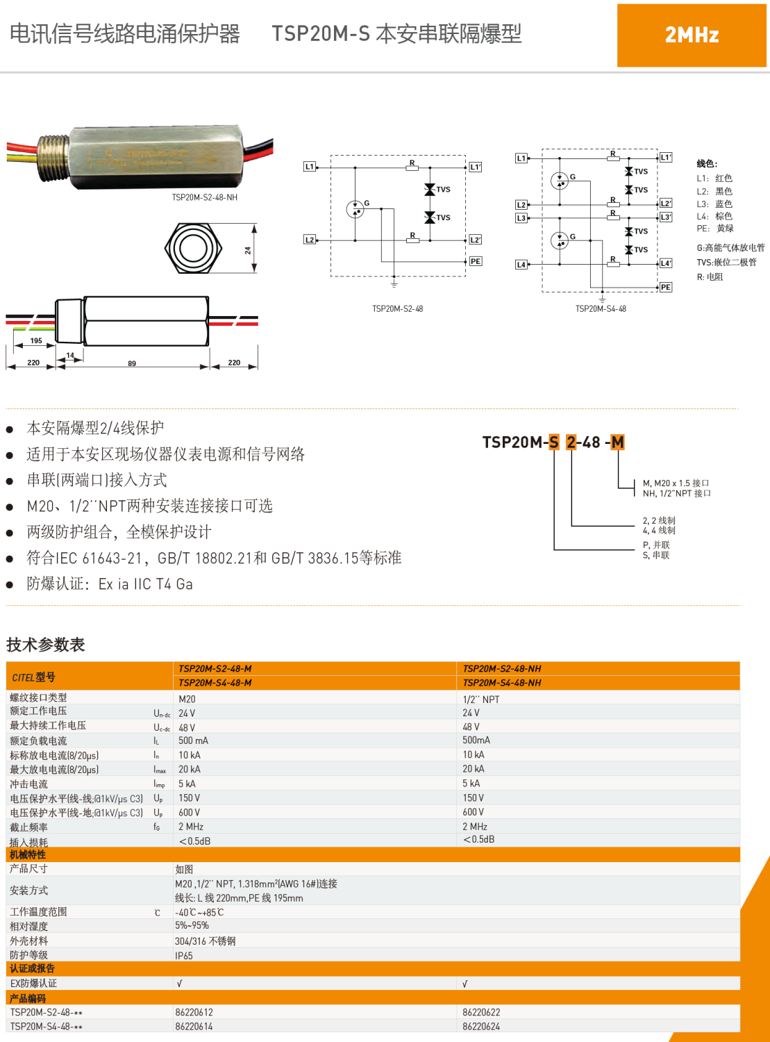 TSP20M-S2-48-NH CITEL西岱爾信號電涌保護器：工