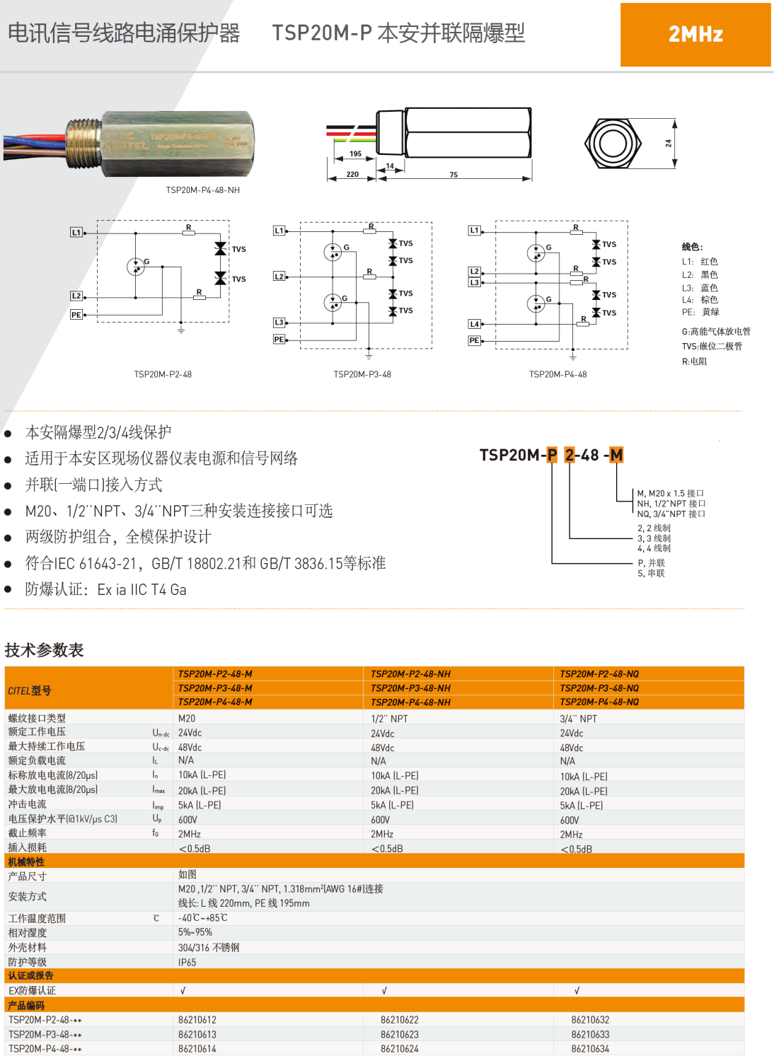 TSP20M-P2-48-M CITEL西岱爾信號電涌保護器：工業(yè)