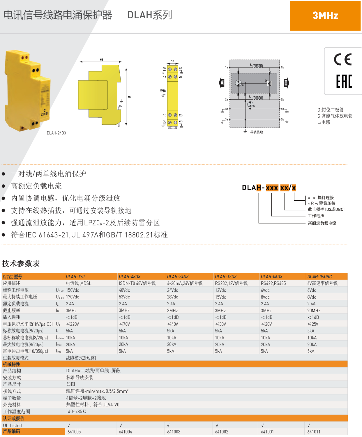 DLAH-170 CITEL西岱爾電訊信號線路電涌保護器：工