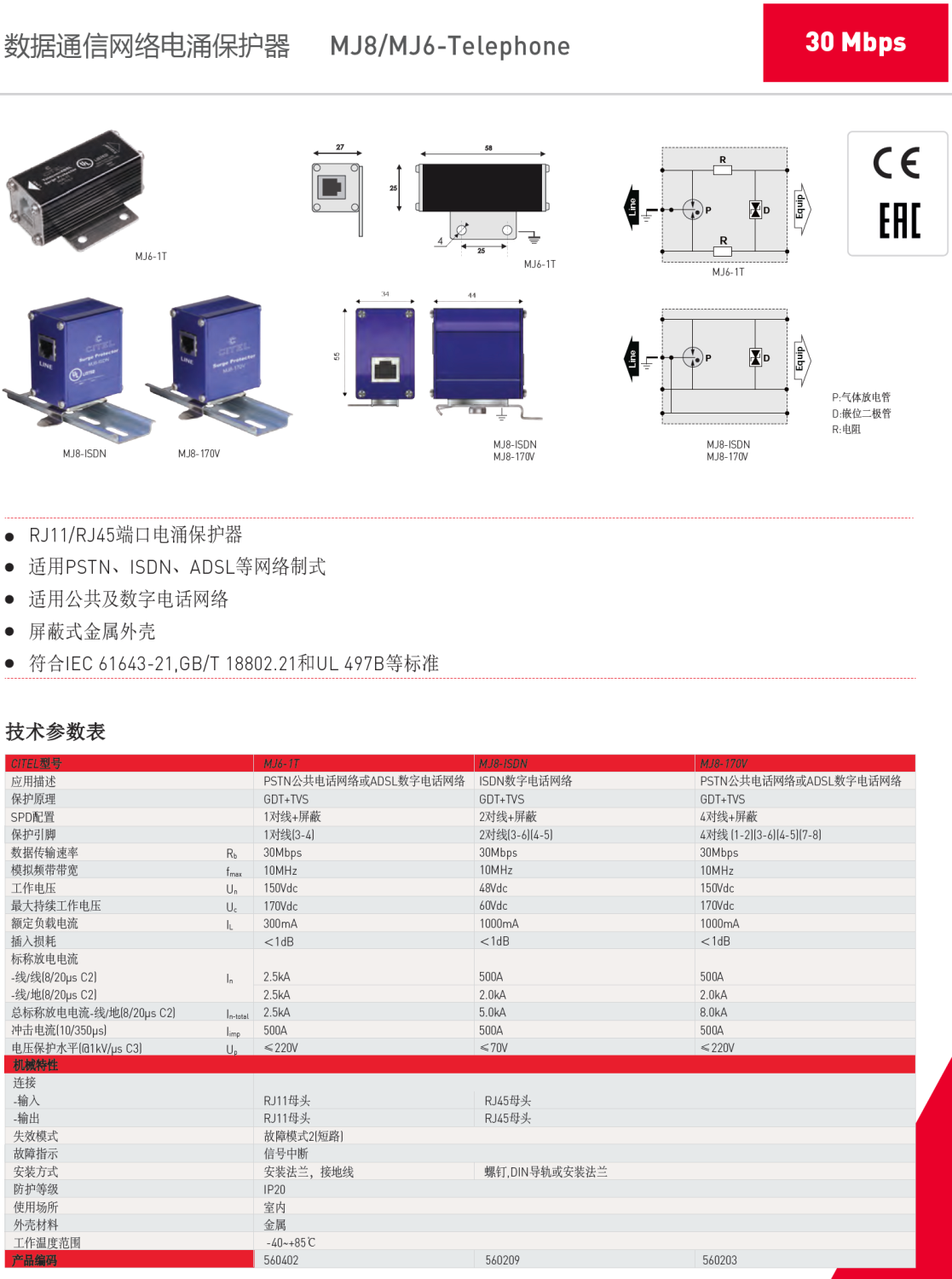 MJ8-ISDN CITEL西岱爾數(shù)字電話網(wǎng)絡(luò)電涌保護器：高