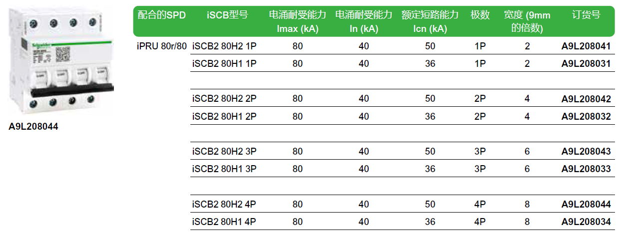 iSCB2 80H2 1P（A9L208041），iSCB2 80H1 1P（A9L208031），iSCB2 80H2 2P（A9L208042），iSCB2 80H1 2P（A9L208032），iSCB2 80H2 3P（A9L208043），iSCB2 80H1 3P（A9L208033），iSCB2 80H2 4P（A9L208044），iSCB2 80H1 4P（A9L208034）