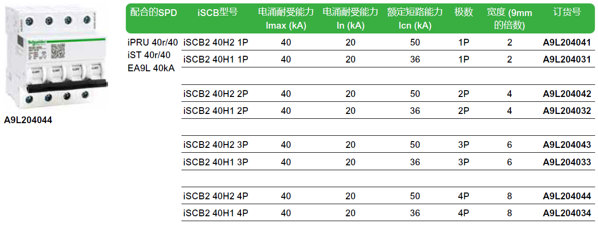 iSCB2 40H2 1P（A9L204041），iSCB2 40H1 1P（A9L204031），iSCB2 40H2 2P（A9L204042），iSCB2 40H1 2P（A9L204032），iSCB2 40H2 3P（A9L204043），iSCB2 40H1 3P（A9L204033），iSCB2 40H2 4P（A9L204044），iSCB2 40H1 4P（A9L204034）