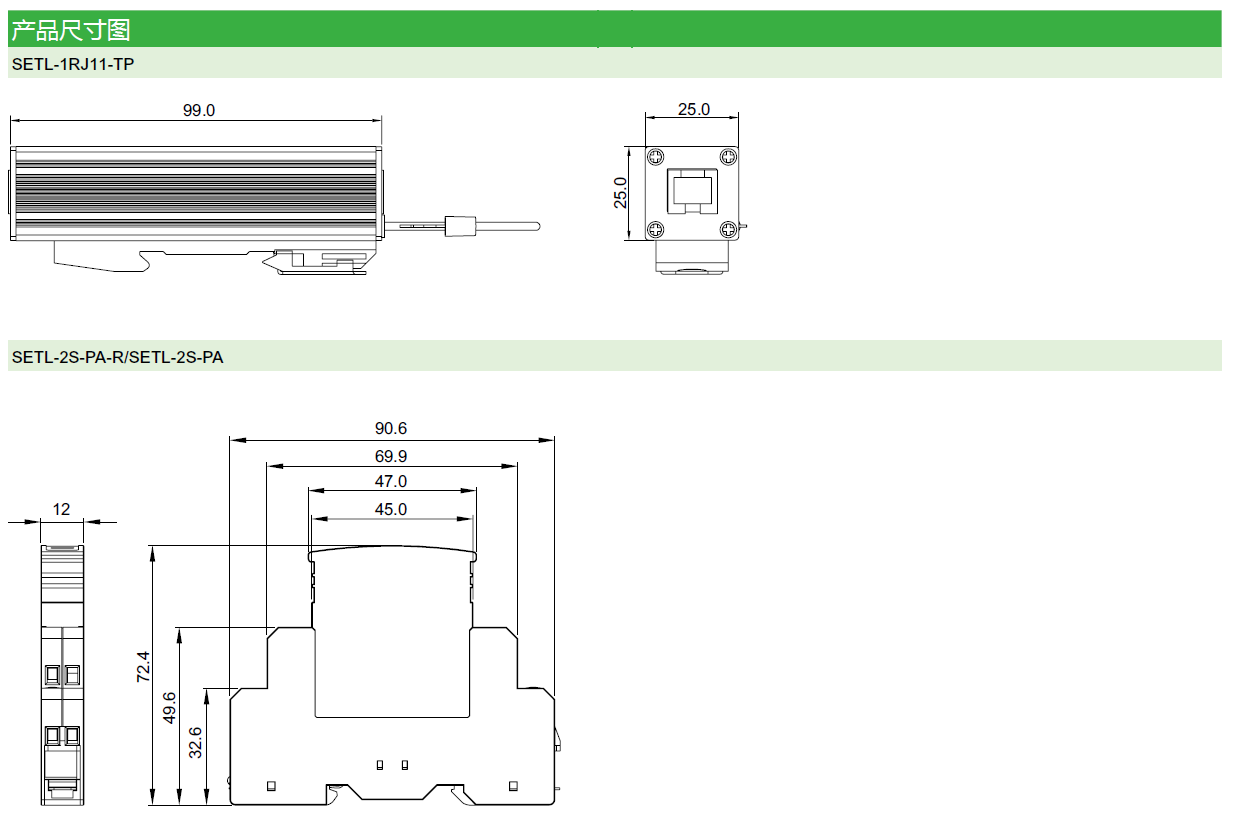 SETL-1RJ45-L（SETL003），SETL-1RJ45-H（SETL004），SETL-24RJ45-H（SETL005），SETL-1RJ45-POE（SETL007）； SETL-1RJ11-TP（SETL006），SETL-2S-PA-R（SETL001），SETL-2S-PA（SETL002）