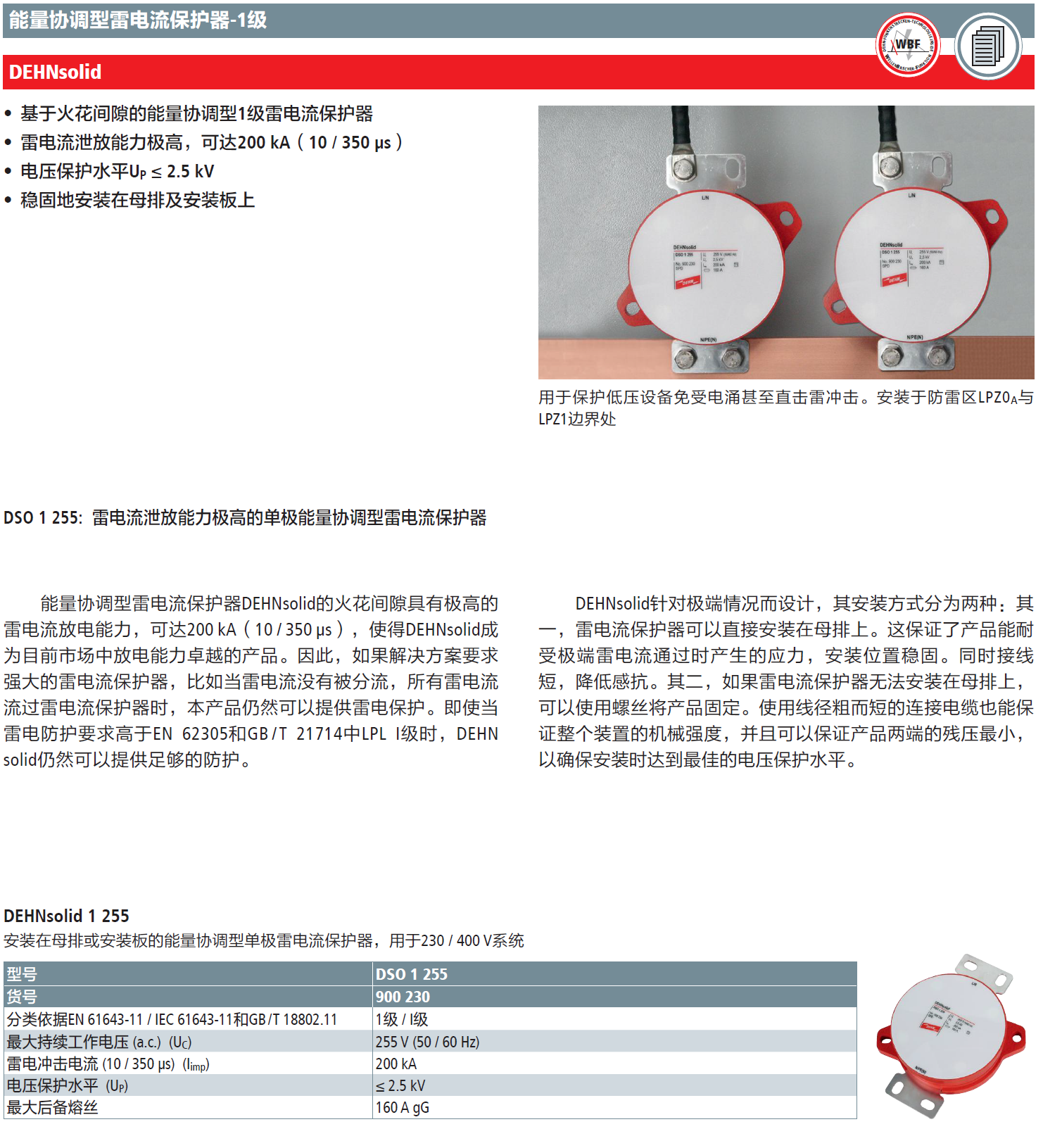 DSO 1 255 DEHN單極能量協(xié)調型雷電流保護器：高效防雷，復合型雷電防護方案