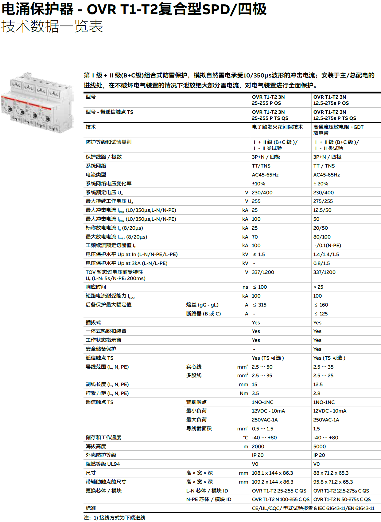 OVR T1-T2 4L 25-255 P TS QS ABB電涌保護器：技