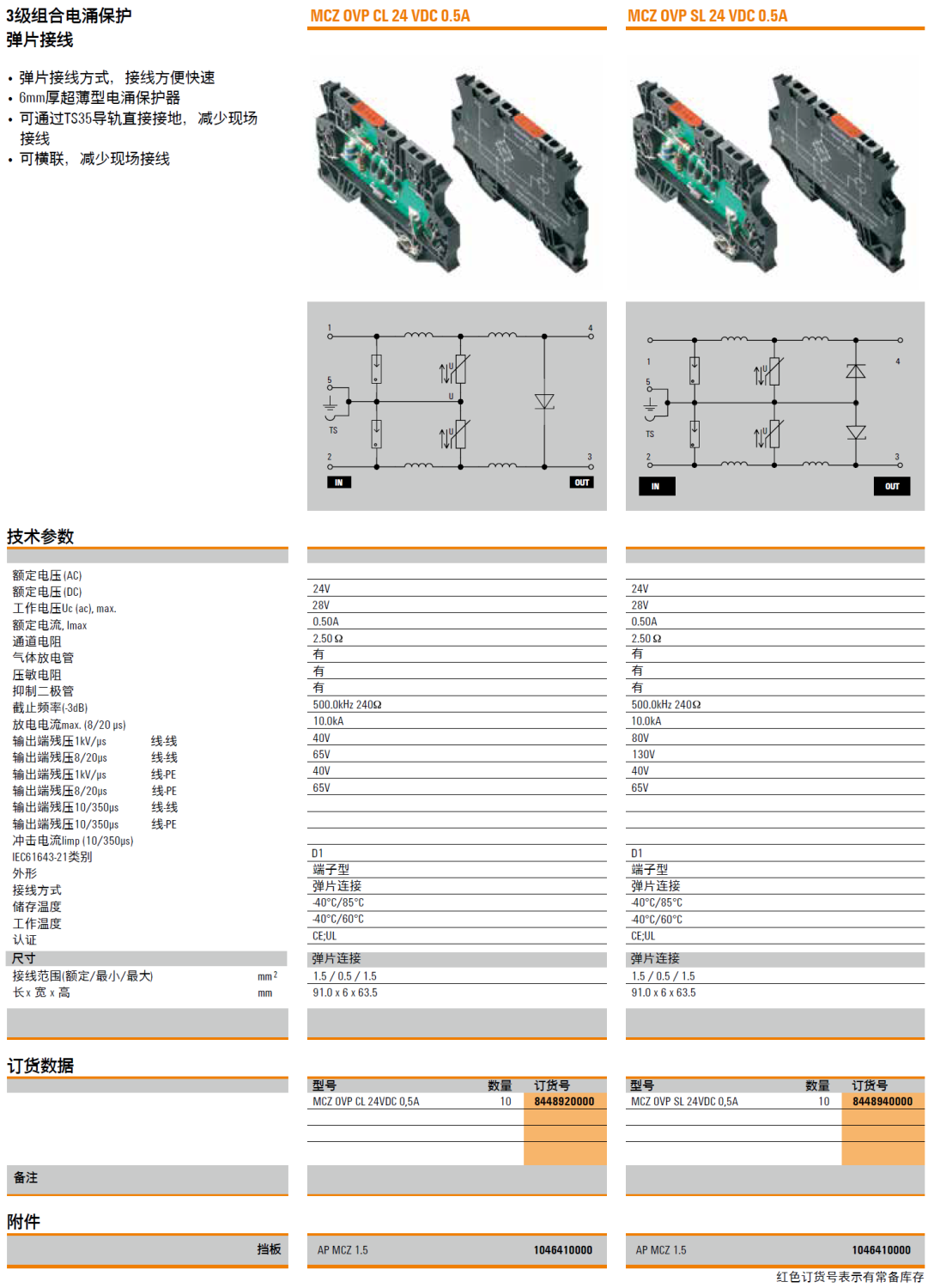 MCA OVP CL 24VDC 0.5A(8448920000)，MCZ OVP SL 24VDC 0.5A(8448940000)，AP MCA 1.5(1046410000)