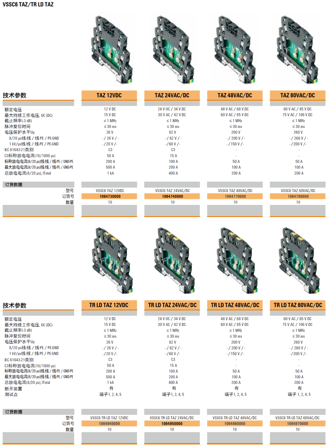 VSSC6 TAZ 12VDC(1064730000)，VSSC6 TAZ 24VAC/DC(1064740000)，VSSC6 TAZ 48VAC/DC(1064770000)，VSSC6 TR LD TAZ 12VDC(1064940000)，VSSC6 TR LD TAZ 24VAC/DC(1064950000)，VSSC6 TR LD TAZ 48VAC/DC(1064960000)