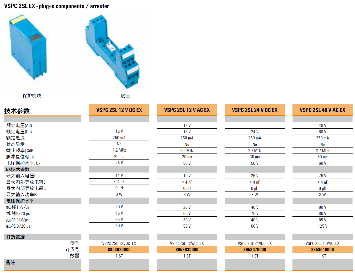 VSPC 2SL 12VDC EX(8953620000)，VSPC 2SL 12VAC EX(8953630000)，VSPC 2SL 24VDC EX(8953670000)，VSPC 2SL 48VAC EX(8953640000)